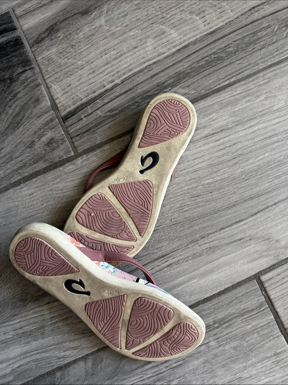 OluKai Floral Print Pink and Mint Flip Flop Sandals - Picture 3 of 5